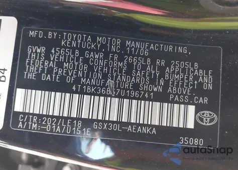 2007 Toyota Avalon Touring из США, поврежденный, VIN 4T1BK36B57U196741